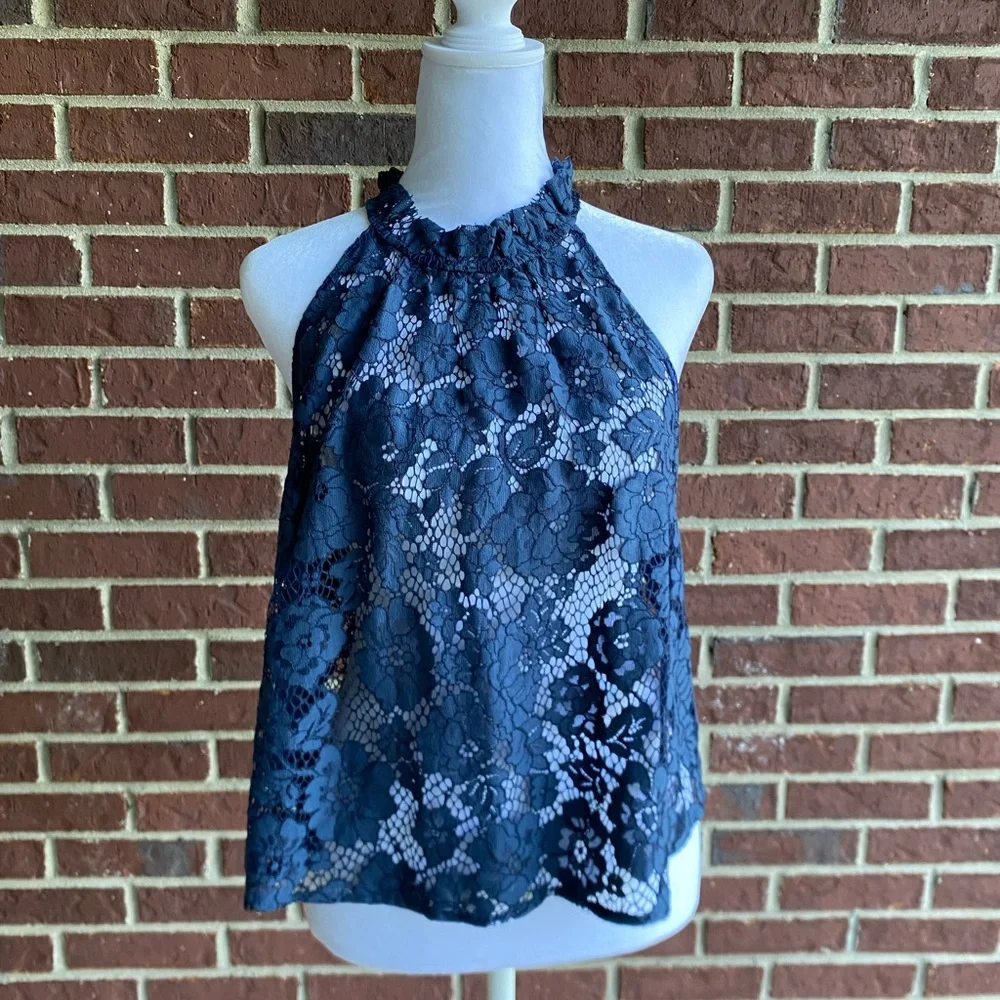 Free People Floral Navy Lace Halter Tank Top - Picture 4 of 5